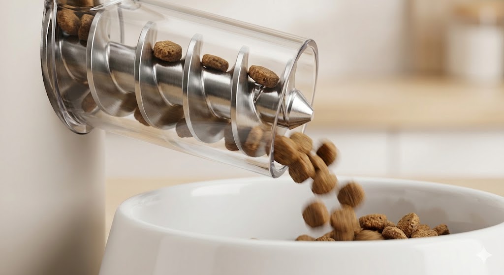 Close-up of automatic feeder auger mechanism dispensing kibble into bowl