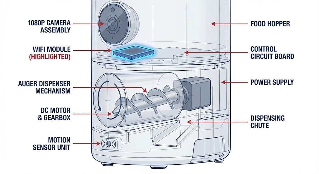 Smart WiFi feeder cutaway diagram showing internal components (camera, motor, WiFi module, sensors