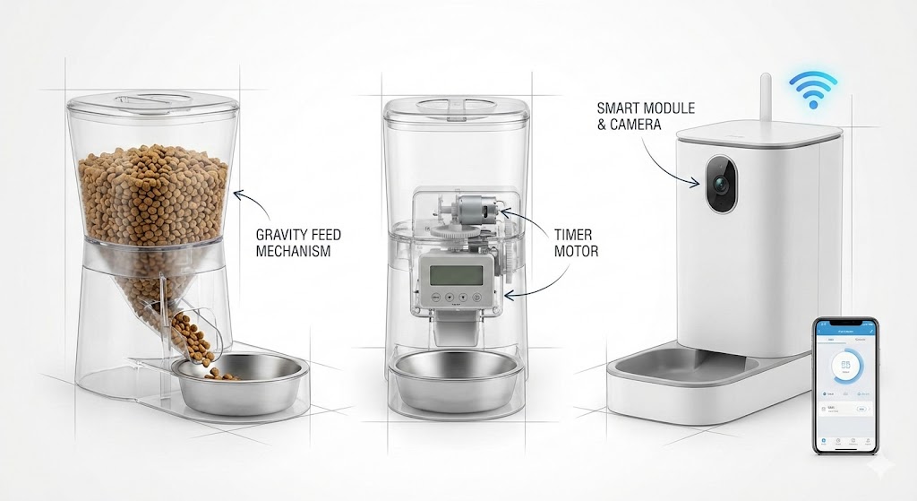 Side-by-side comparison showing three automatic feeder types (gravity, timer-based, and smart WiFi) with visible internal mechanisms