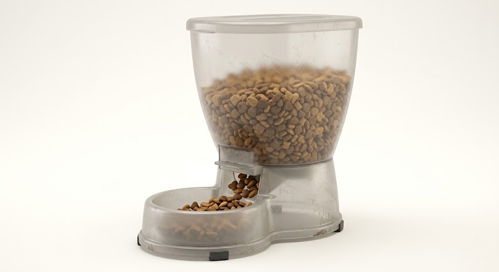 Gravity pet feeder designed for dry kibble only — not safe for wet food