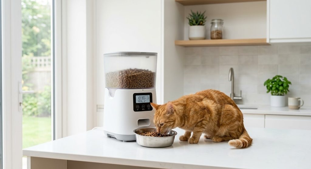 Automatic pet feeder on a modern kitchen counter, orange tabby cat approaching the bowl, natural daylight, clean background