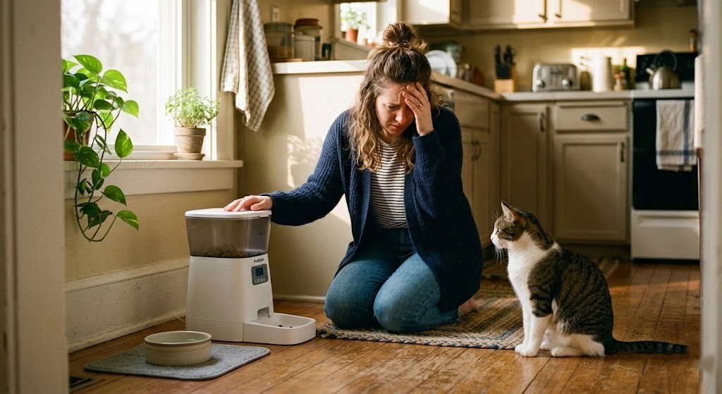 Automatic pet feeder troubleshooting — owner checking feeder with cat waiting nearby