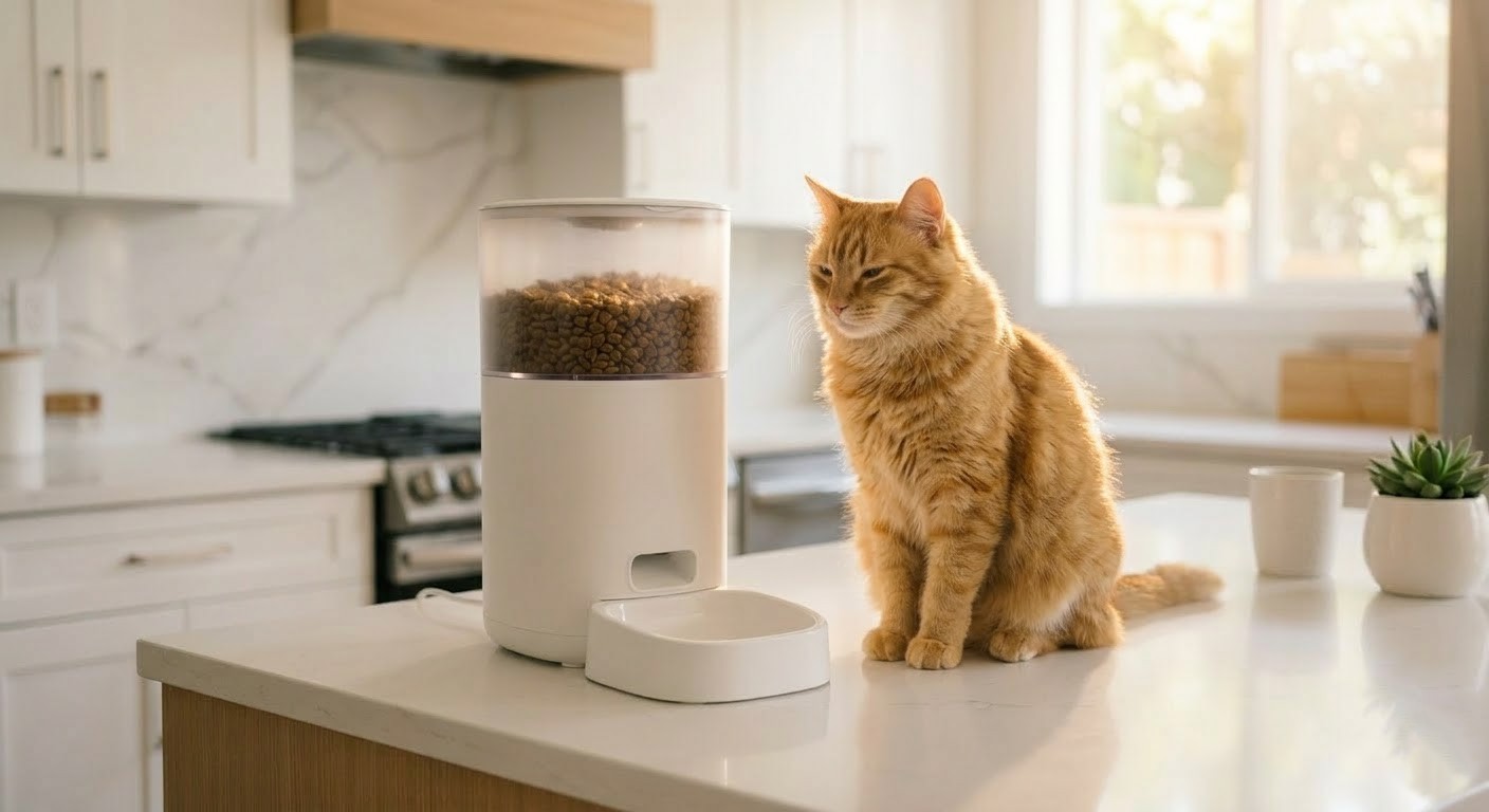 Automatic pet feeder with a cat sitting beside it safely on a kitchen counter