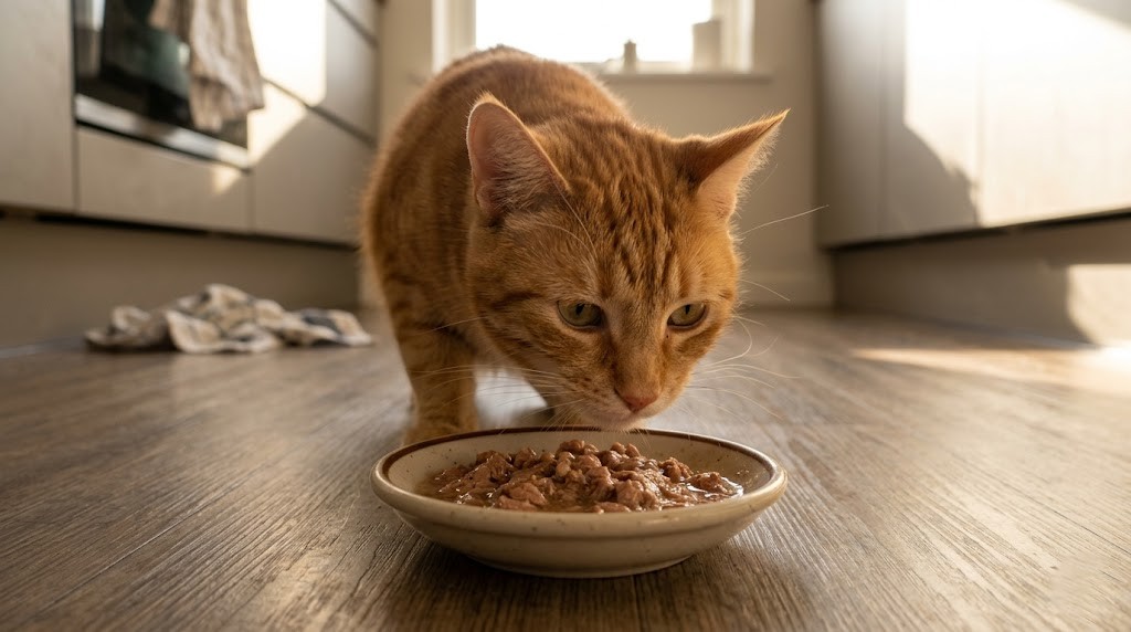 Cat sniffing wet food bowl — wet food spoils within 1–2 hours at room temperature
