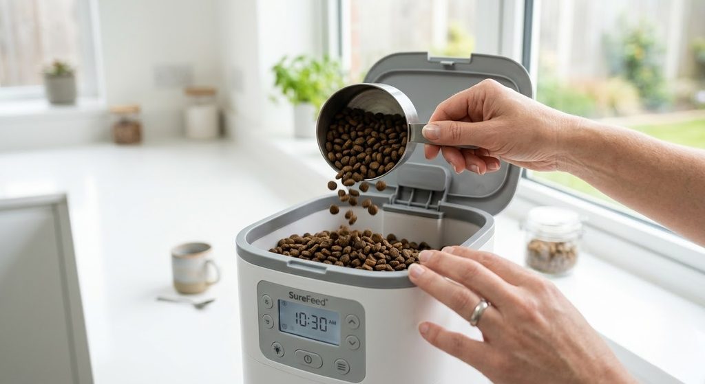 Close-up of hands filling a pet feeder hopper with dry kibble, measuring cup visible, bright kitchen setting