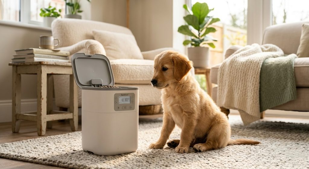 Small dog or cat sitting in front of an automatic feeder with curiosity, warm home setting, slightly cautious body language