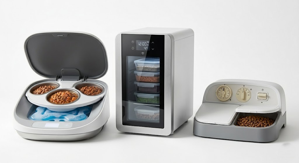 Three types of automatic feeders that work with wet food — ice pack, refrigerated, and timed cover