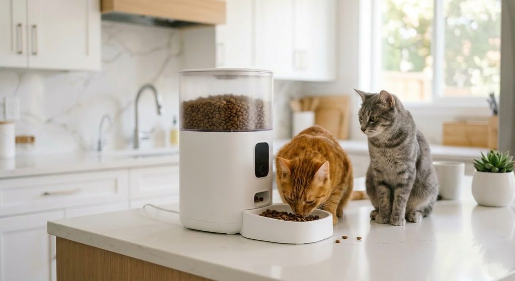 Two cats near a single automatic pet feeder, one looking dominant, one waiting at a distance — illustrating multi-cat feeding tension