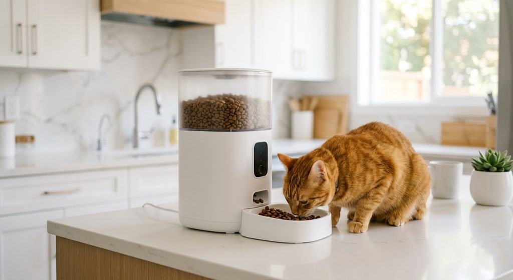 Modern white kitchen counter with a white automatic pet feeder dispensing kibble, orange tabby cat eating from bowl, warm morning daylight, product photography style, clean minimalist background, realistic photography, no text