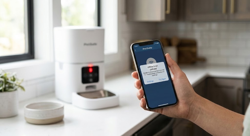 Smart pet feeder app showing device offline error on smartphone screen