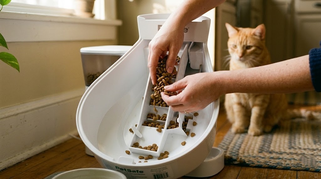 Clearing a food jam from an automatic pet feeder chute