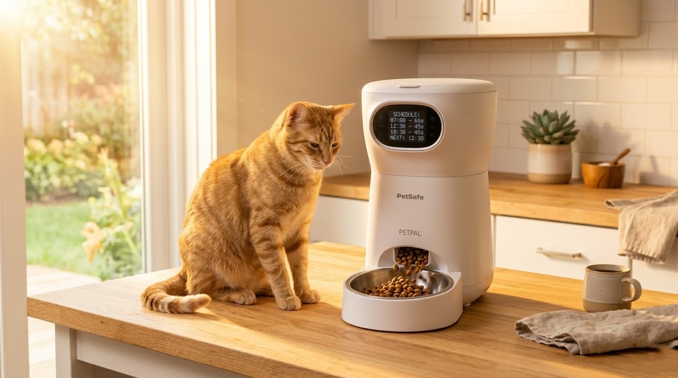 Automatic pet feeder portion control guide for cats and dogs