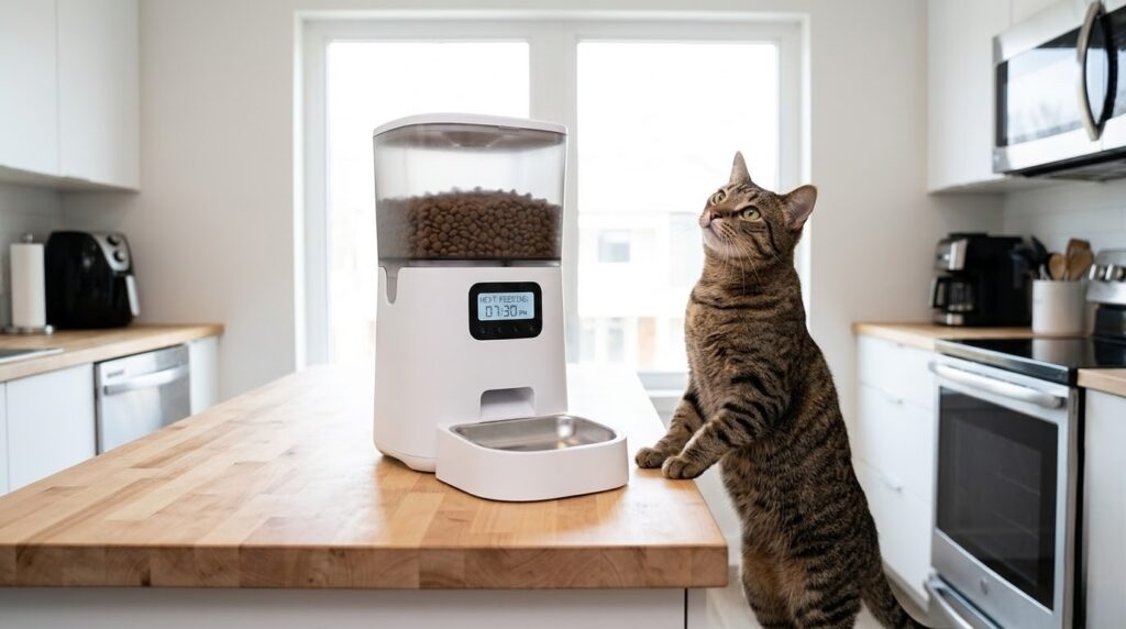 Cat looking at automatic pet feeder showing scheduled portion control settings