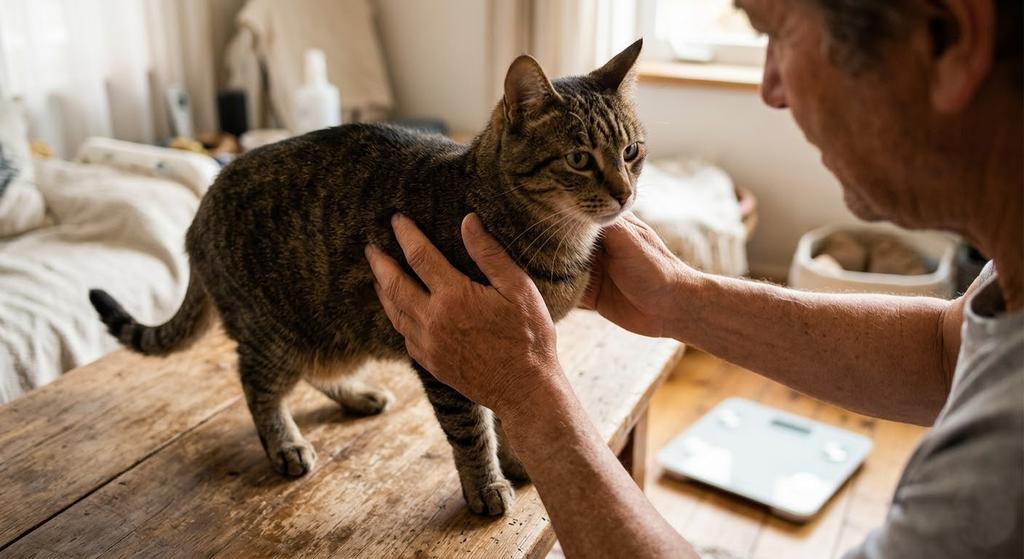 Checking cat body condition score at home to adjust automatic feeder portion settings