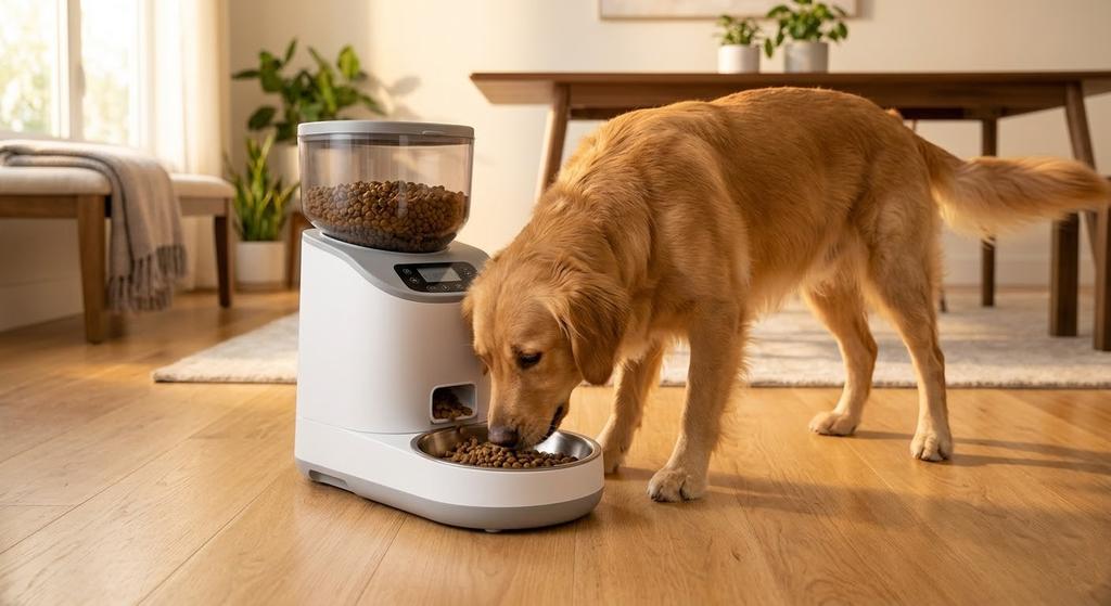 Dog eating from automatic feeder on scheduled meal portion control setting