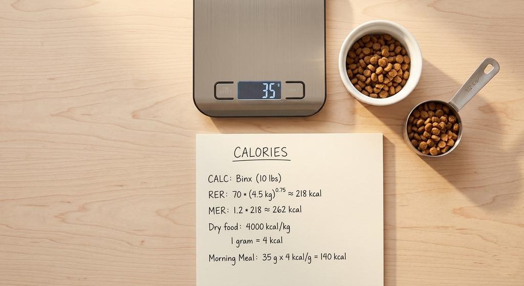 Measuring dry cat kibble portions on digital kitchen scale for automatic feeder calibration