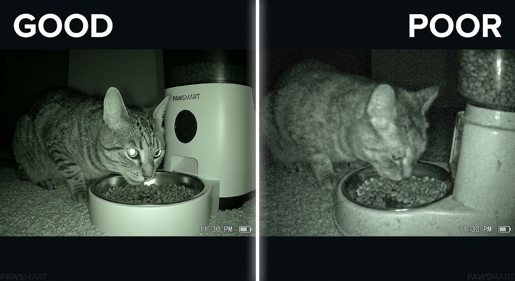 Comparison of good vs poor night vision quality in WiFi pet feeders with camera