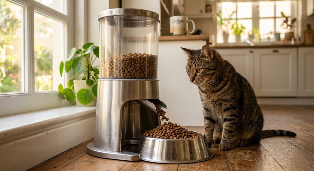 Stainless steel gravity pet feeder dispensing dry kibble into a bowl with a tabby cat waiting nearby