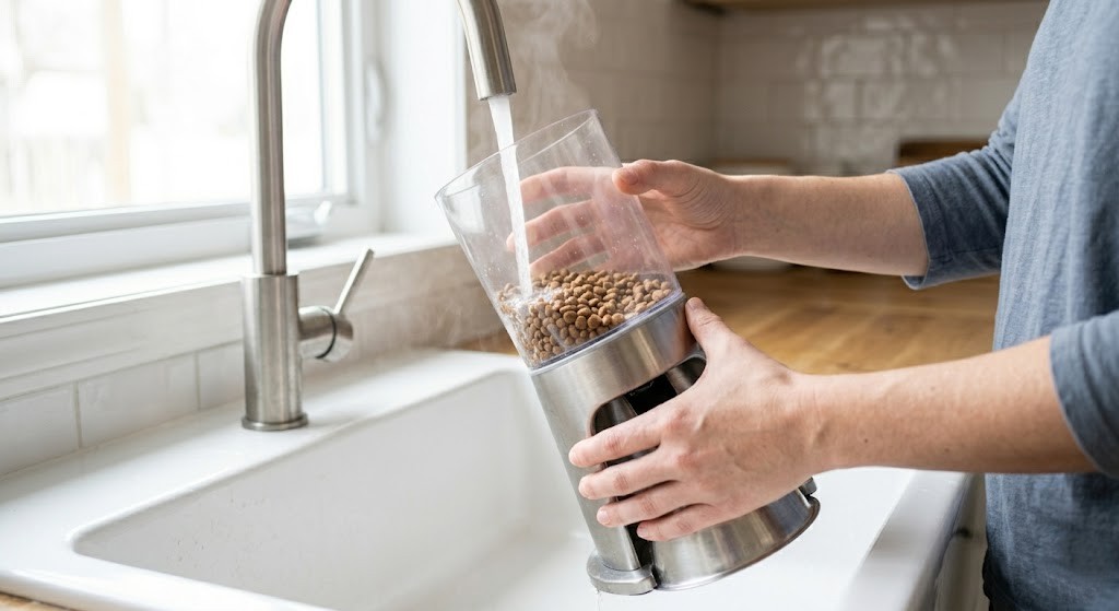 Hands disassembling a gravity pet feeder hopper under running water for weekly cleaning