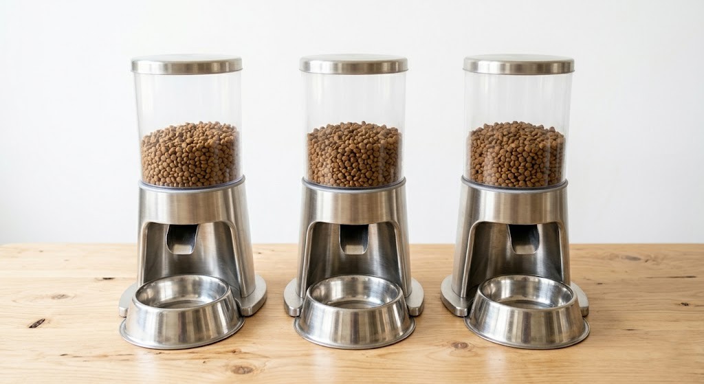 Three gravity pet feeders compared side by side on a wooden surface"