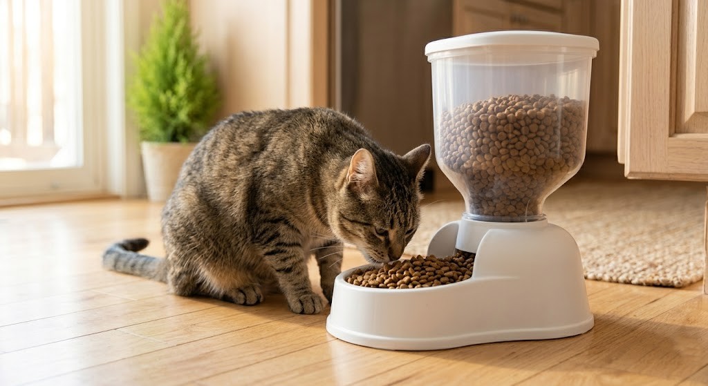 A tabby cat eating from a gravity pet feeder in a home kitchen