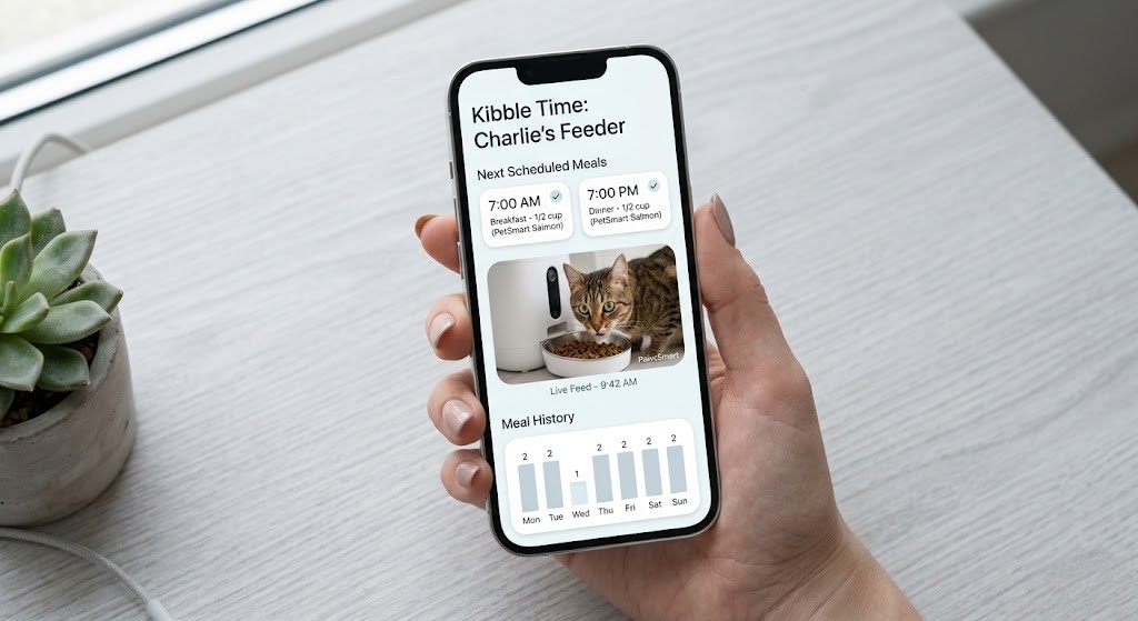 Pet feeder app showing scheduling interface and live camera view